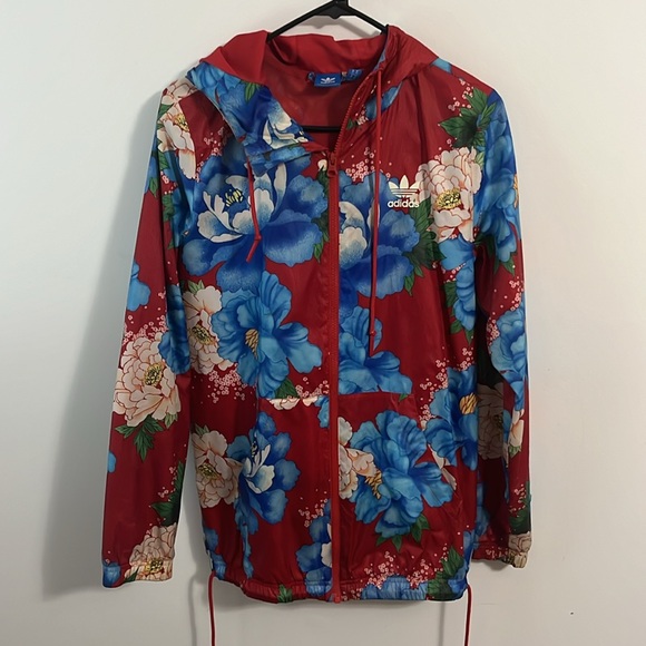 Adidas red floral wind breaker with hood - Picture 2 of 2